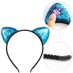 Reversible Sequin Cat Ears Headband Shiny Cat Ear Hair Hoops Cute Bling Kitty Hairband Hair Accessories for Women Girls Daily Wearing and Party Decoration