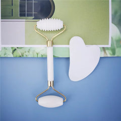 New White Jade Stone Massage Natural Quartz Scraper Jade Roller Gua Sha Set White Face Lifting Facial Massager Tool for Back