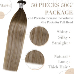 U Tip Hair Extensions Real Human Hair - Medium Brown Ombre, Golden Blonde Balayage, Platinum Blonde - 20Inch, 50G/S