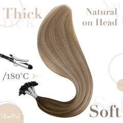 U Tip Hair Extensions Real Human Hair - Medium Brown Ombre, Golden Blonde Balayage, Platinum Blonde - 20Inch, 50G/S
