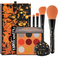 Makeup Brush Set, 5PCS Goth Makeup Brushes Powder Contour Eyeliner Brow Eyeshadow Brush Set with 9 Colors Pigmented Eyeshadow Palette,1Pc Makeup Sponge Puff & 3PCS Fake Scar Tattoo Makeup Kit