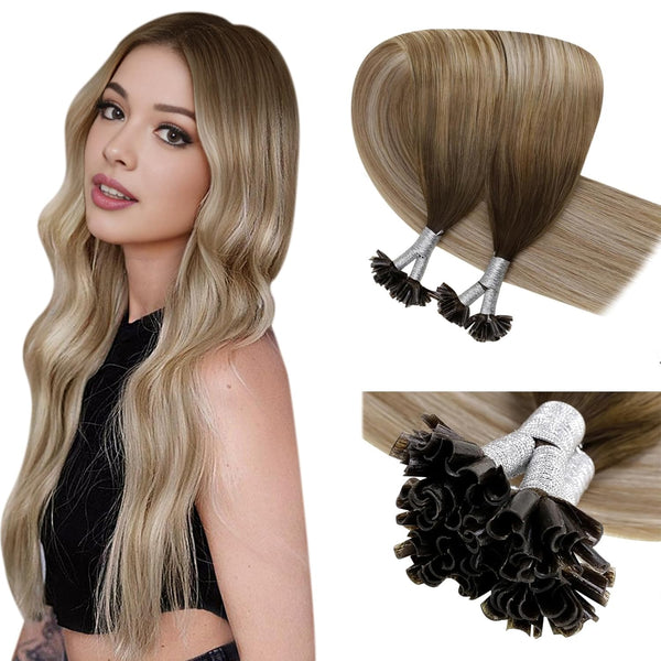 U Tip Hair Extensions Real Human Hair - Medium Brown Ombre, Golden Blonde Balayage, Platinum Blonde - 20Inch, 50G/S
