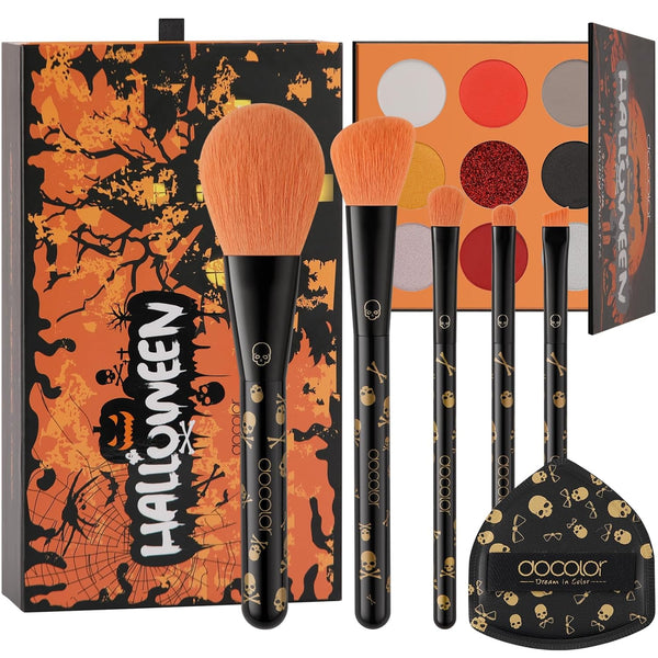 Makeup Brush Set, 5PCS Goth Makeup Brushes Powder Contour Eyeliner Brow Eyeshadow Brush Set with 9 Colors Pigmented Eyeshadow Palette,1Pc Makeup Sponge Puff & 3PCS Fake Scar Tattoo Makeup Kit