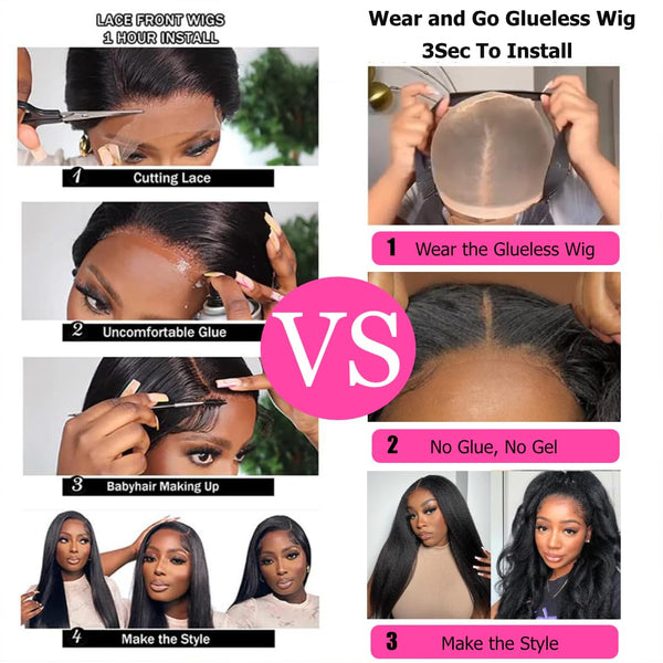 Wear and Go Glueless Wig for Beginners 5X5 HD Lace Closure Wigs Human Hairfor Black Women 180% Density Kinky Straight Glueless Wigs Human Hair Pre Plucked Pre Cut Lace Natural Color 34Inch