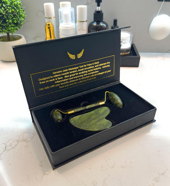 Genuine Jade Stone Roller & Gua Sha Set. Massage Set for Face, Eyes & Neck. Supports Lymphatic System + Facial Contouring + Tension Relief.