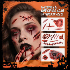 Makeup Brush Set, 5PCS Goth Makeup Brushes Powder Contour Eyeliner Brow Eyeshadow Brush Set with 9 Colors Pigmented Eyeshadow Palette,1Pc Makeup Sponge Puff & 3PCS Fake Scar Tattoo Makeup Kit