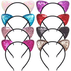 Reversible Sequin Cat Ears Headband Shiny Cat Ear Hair Hoops Cute Bling Kitty Hairband Hair Accessories for Women Girls Daily Wearing and Party Decoration